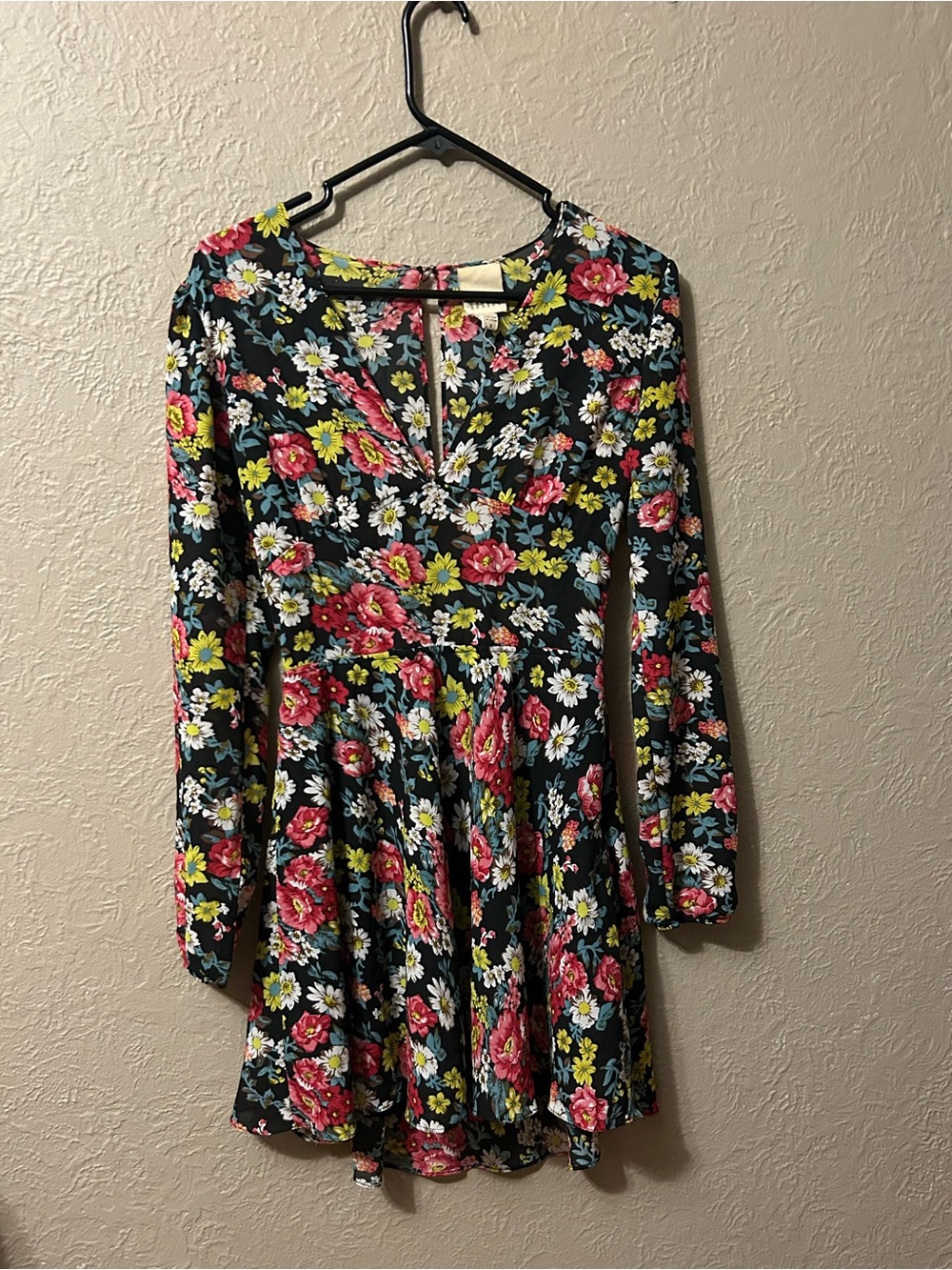 Floral Midi Dress with Long Sleeves - Black with Pink & Yellow Blooms